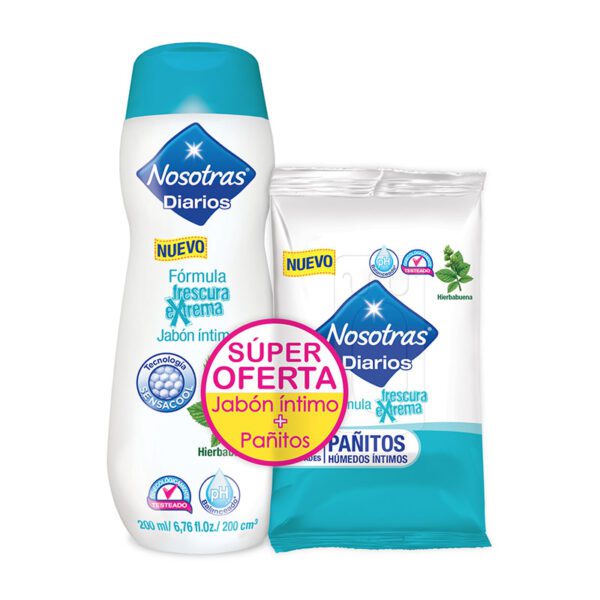 Jabón Íntimo Nosotras Frescura Extrema 200 Ml + Pañitos Íntimos 10 Súper Oferta