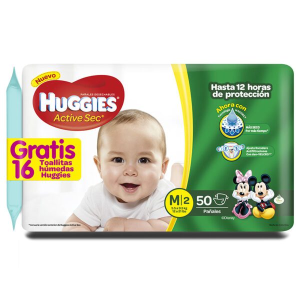 Pañal Huggies Active Sec Etapa 2 Med 50 Unidades Gratis 16 Toallitas