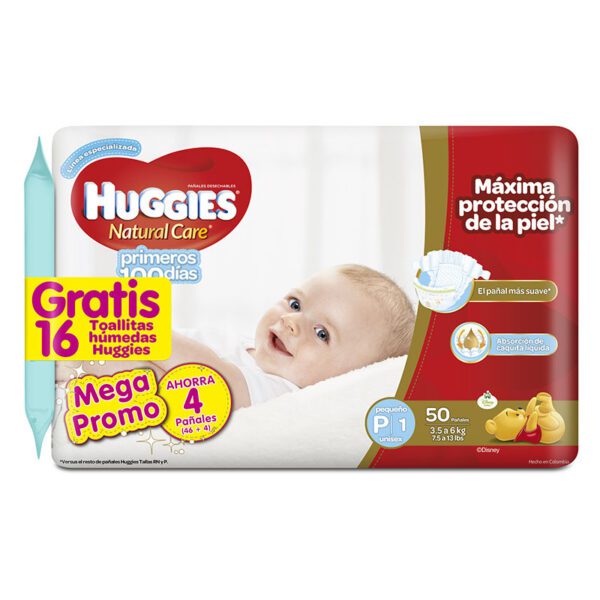 Pañal Huggies Natural Care P1 50 Unidades Gratis 16 Toallitas Húmedas - Imagen 2