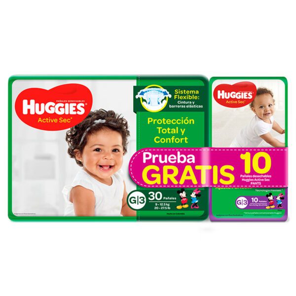 Pañal Huggies Active Sec Etapa 3 Grande 30 Unidades Gratis 10 Pañitos