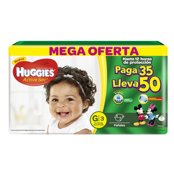 Pañal Huggies Active Sec G/3 Pague 35 Lleve 50