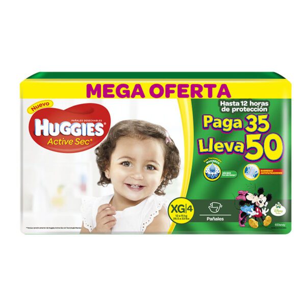 Pañal Huggies Active Sec Xg/Etapa 4 Pague 35 Lleve 50